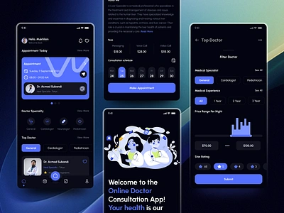 Doctor Appointment Mobile Application ai doctor chatbot appointment apps booking consult dark date doctor doctor app doctor appointment doctor consultation app filter healthcare healthcare app healthcare ui medical app nurse patient app schedule virtual care