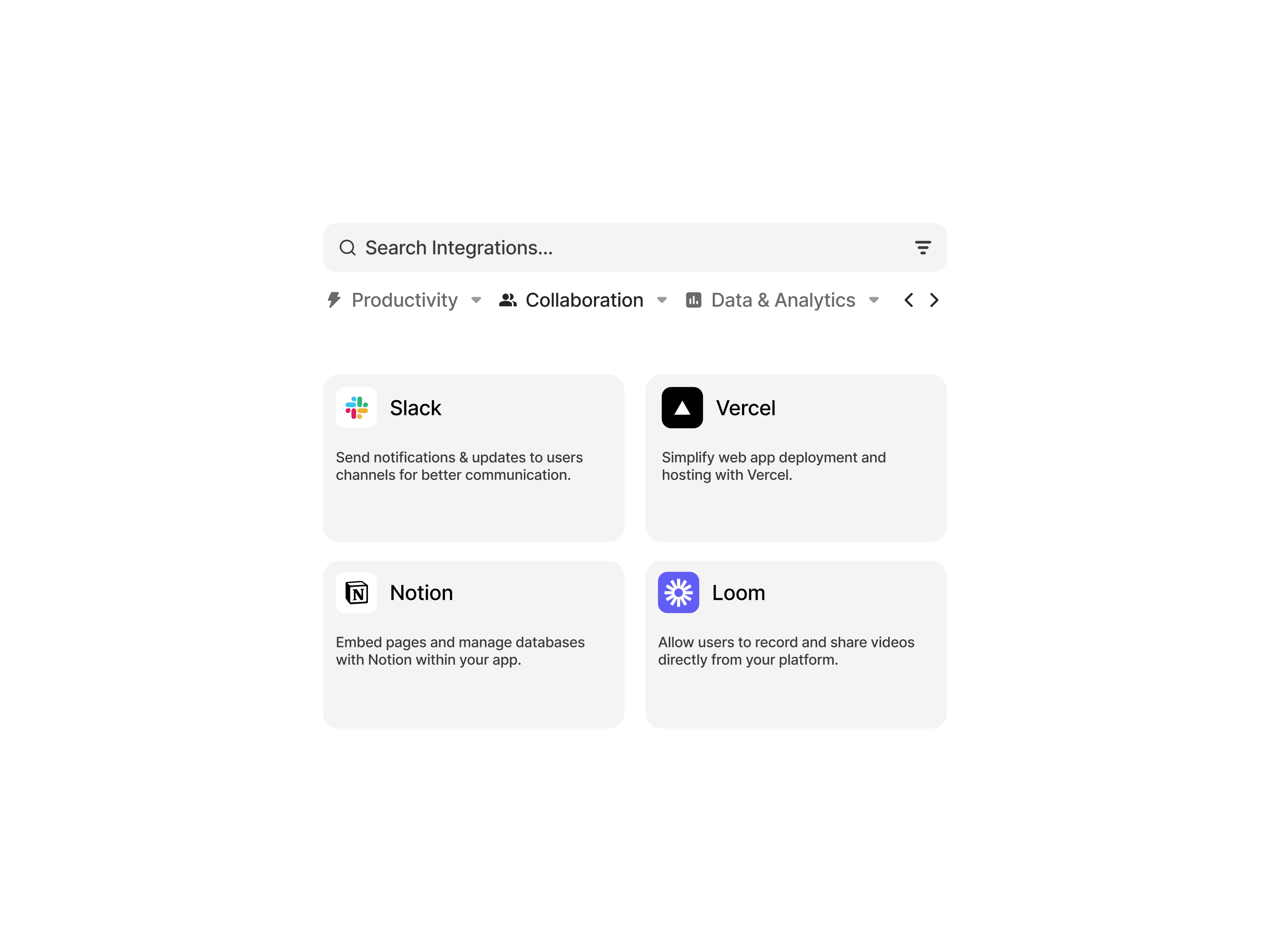 Integrations app component design design system figma filter grid input field integrations landing page light minimalist modal page search sort by ui ui design ui kit widgets