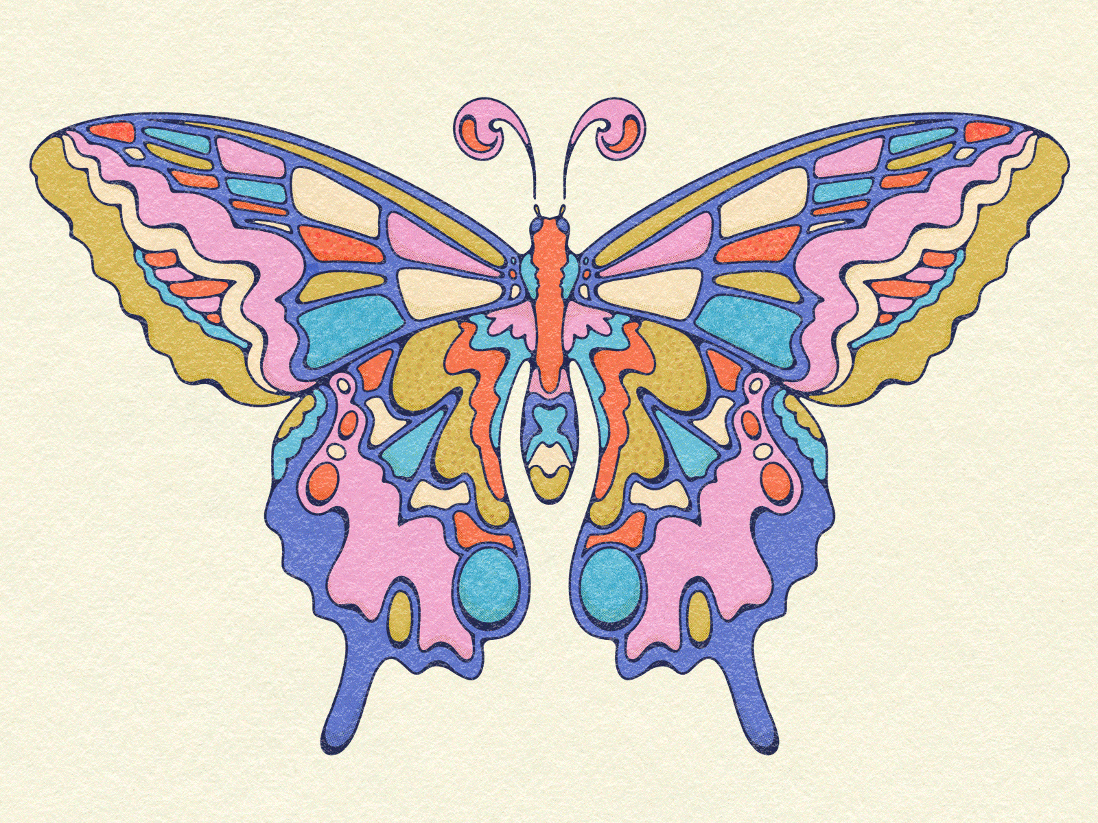 Animated Butterfly 60s butterfly colour and pattern decorative illustration design groovyart hippie illustration naturelover procreate psychedelic retro