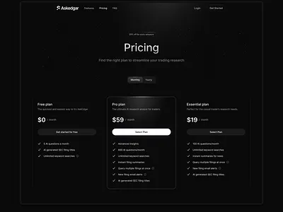 Pricing clean dark mode dark theme glow landing page pricing shine ui web design website