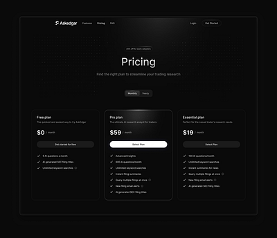 Pricing clean dark mode dark theme glow landing page pricing shine ui web design website