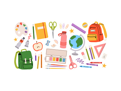 Back to school accessories backpack cartoon concept design education flat globe illustration kids lesson paint school supply vector