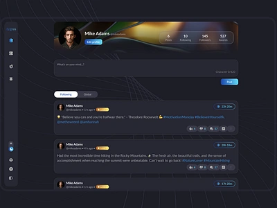 Social app concept | Home dashboard app concept dailyui dark mode dark theme design desktop app feed followers home dashboard home page illustration inspiration posts profile social app social feed tweets ui web app