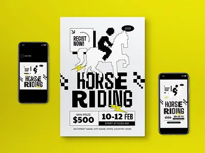 Monochrome Pixelated Modern Horse Riding Flyer Set graphicook horse riding horse riding event instagram story monochrome pixelated white
