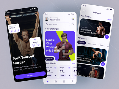 Fitness & Workout App card fitness app fitness courses gym health healthy app metrics mobile app mobile application sport app training app ui ui ux design user interface design workout app