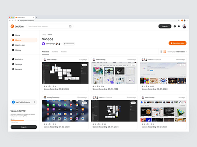 Lodom - Screen Recording Dashboard capture clean dashboard editing loom product design record record app recording recording app recording screen saas screen screen recording software video video editing video editor web app web extension