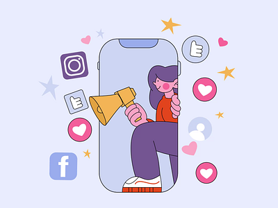 Woman doing social media marketing 2d advertising animation announcement attention character animation character design illustration json loudspeaker marketing megaphone motion graphics promoting promotion smm social media advertisement social media icons target woman