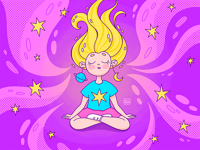 Meditation. Doodle Character illustration art artist character concept cosmos design doodle female feminine girl hair illustration meditation planet space star woman