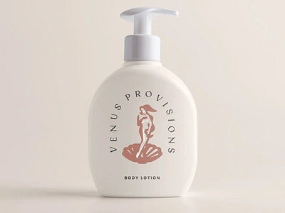 Venus Provisions Bottle Design beauty birth of venus body lotion bottle bottle design branding dispenser feminine identity illustration logo logo design lotion packaging print shell typography venus woman women