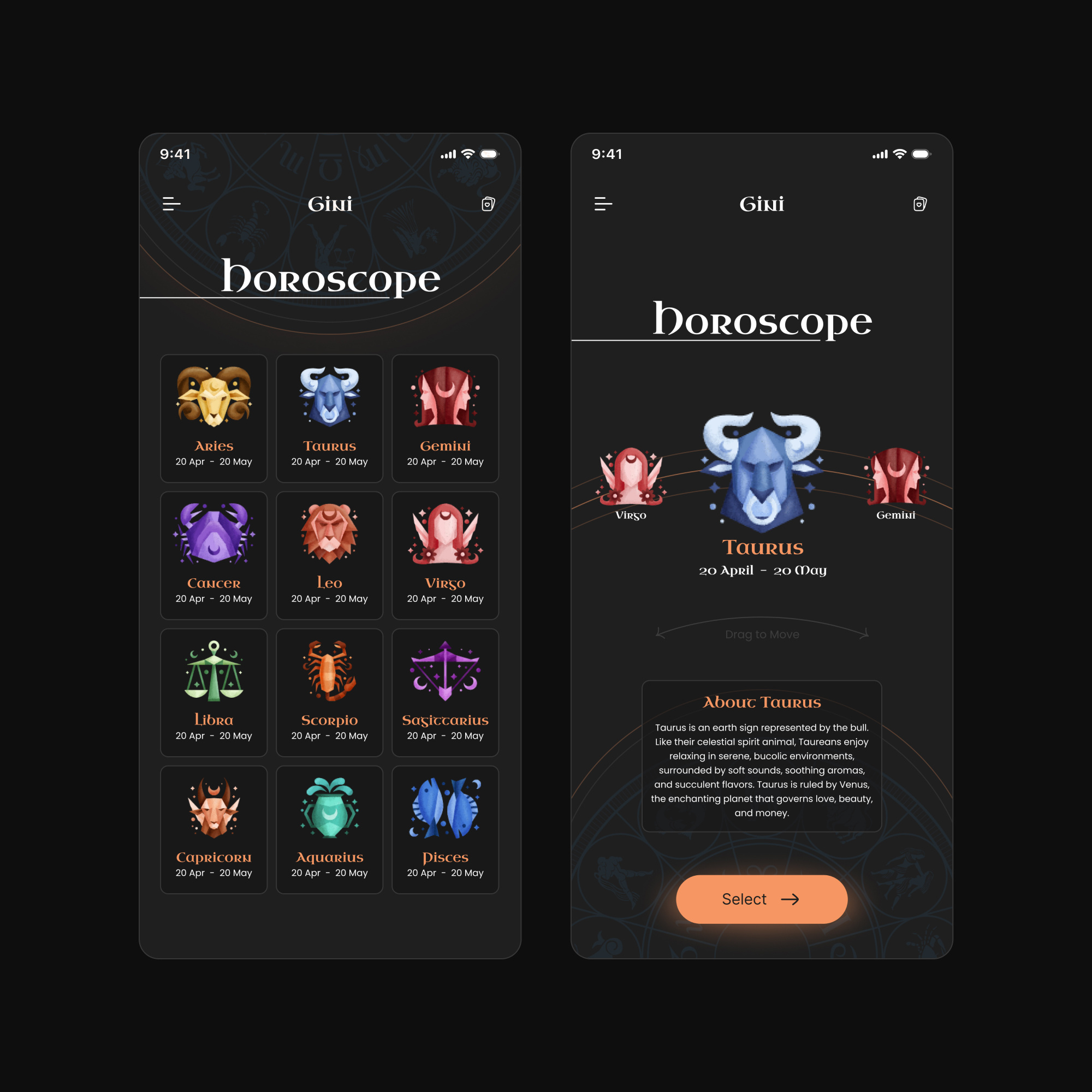Gini Horoscope Mobile App UI/UX android app design app branding design graphic design horoscope illustration star typography ui ux
