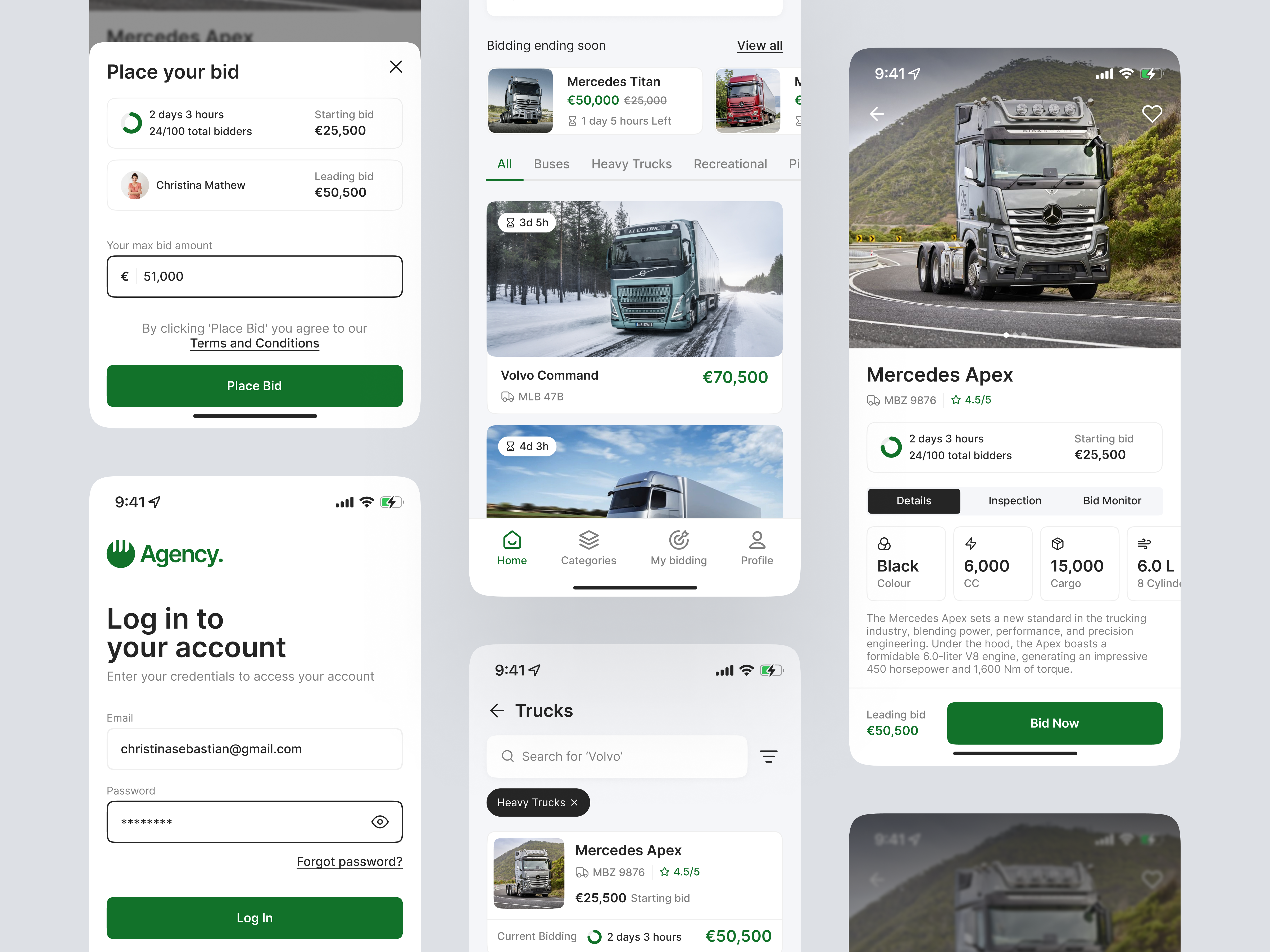 Heavy Vehicle Bidding Application app application auction bid bidding branding card clean creative design easy filter logo minimal search specification truck ui ux vehicle