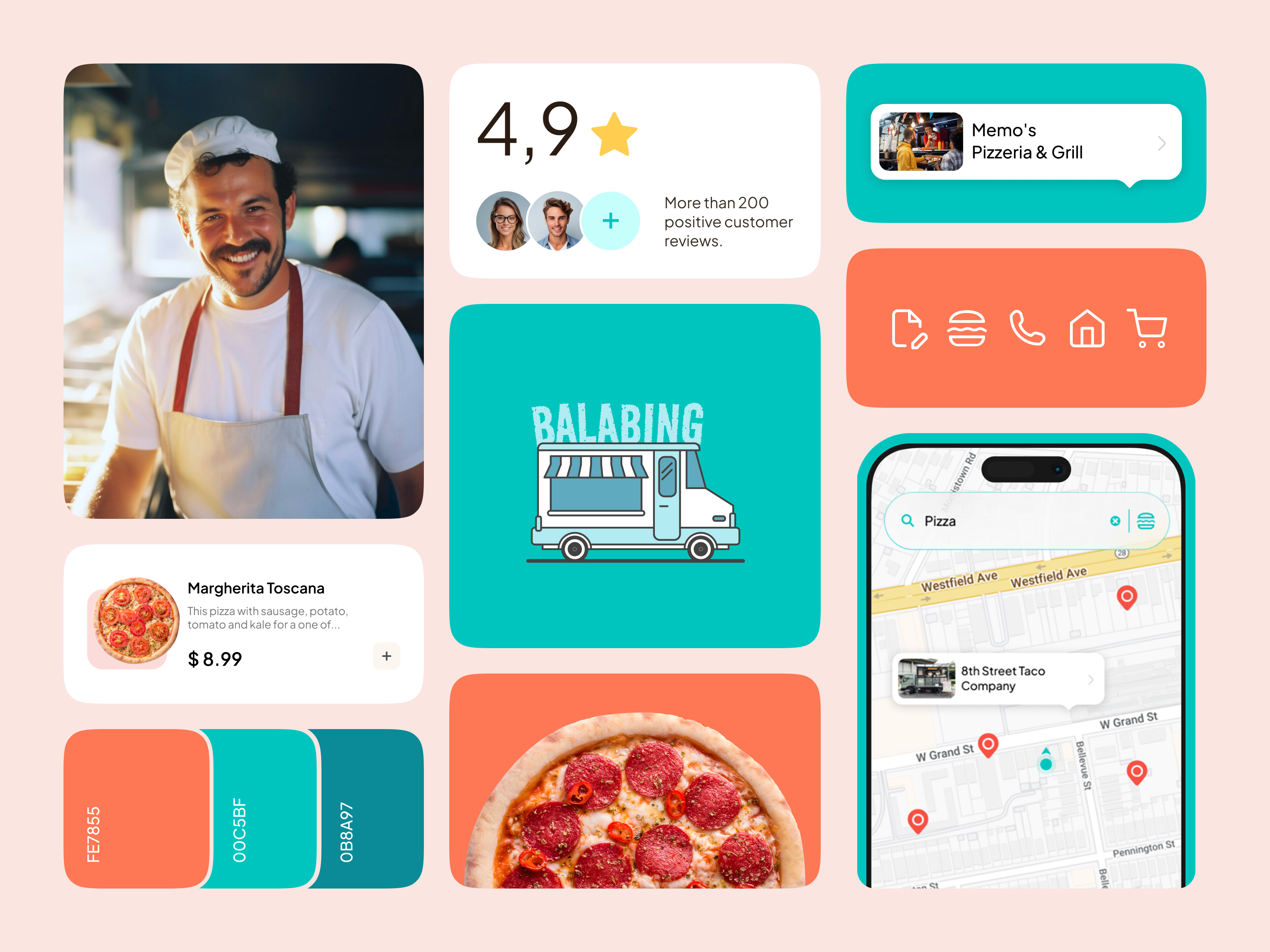 Design Elements of Mobile App for a Food Truck | Balabing bento bento grids creative delivery service fast food food delivery food order food truck foodie icons junk food logo mobile orange pin pizza recipe restaurant app taco ux ui