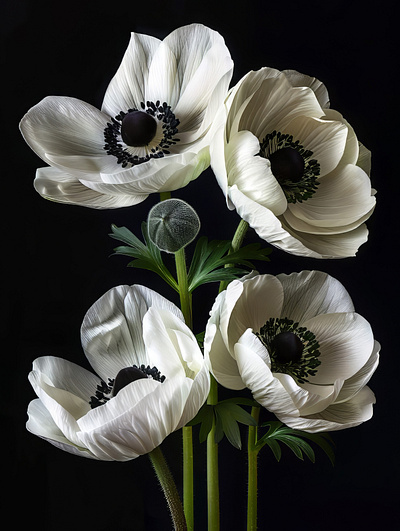 White Flowers on Black ai black bg botanical floral flower interior macro modern poster white flowers