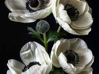 White Flowers on Black ai black bg botanical floral flower interior macro modern poster white flowers