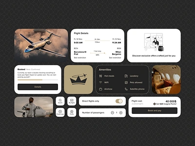 Insignia Jets / Nocode / Bento aircraft bento booking branding components flight icons jets mobile nomtek plane reserve ui ux