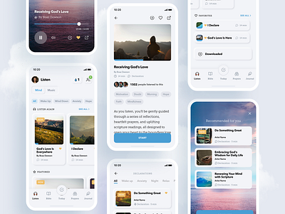 Glorify App - Mind Flow: A Journey to Serenity and Connection anxiety app christian declaration description favorite guided meditation headspace mind mobile mobile app neumorphism player playlist product product design sleep spiritual tabs tags
