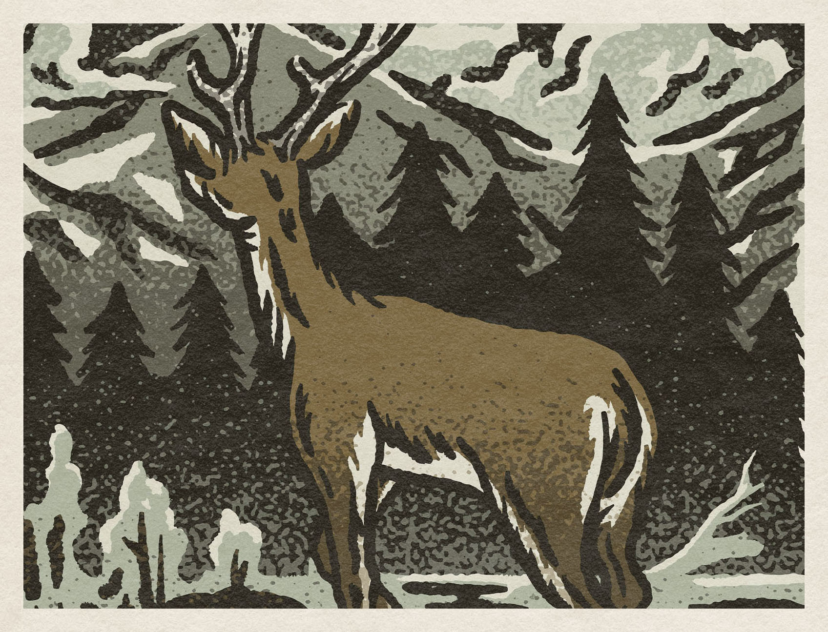 Deer In Nature branding camping classic cloudscape deer doe firs graphic design hiking hunting illustration lake mountains negative space poster river rock t shirt trees vintage