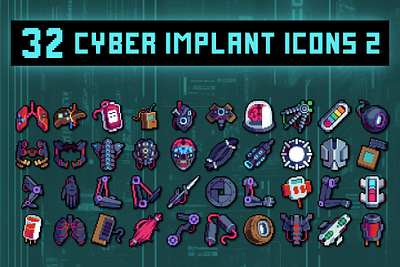 Implants for Cyberpunk 32×32 Pixel Icons 2d 32x32 asset assets cyberpunk elements game game assets gamedev icon icons illustration indie indie game pixel pixelart pixelated rpg set ui