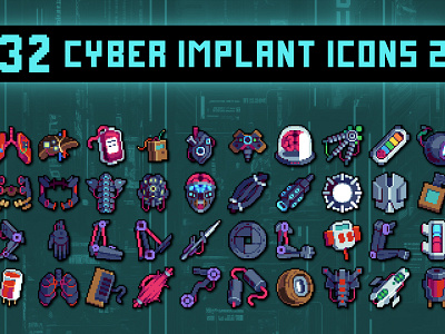 Implants for Cyberpunk 32×32 Pixel Icons 2d 32x32 asset assets cyberpunk elements game game assets gamedev icon icons illustration indie indie game pixel pixelart pixelated rpg set ui