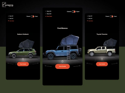 Intrepid Camp Gear UX / UI / Mobile Experience 3d blender bronco c4d cars cinema 4d lowpolly render spline subaru tacoma three.js web3d webdesign website