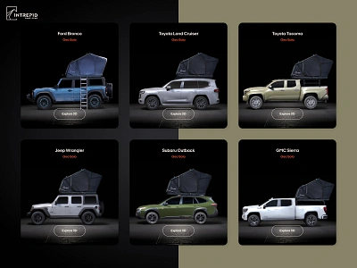 Intrepid Camp Gear UX / UI / Vehicles 3d bronco c4d cars cinema 4d jeep lowpolly render spline subaru three.js ui ux web3d website