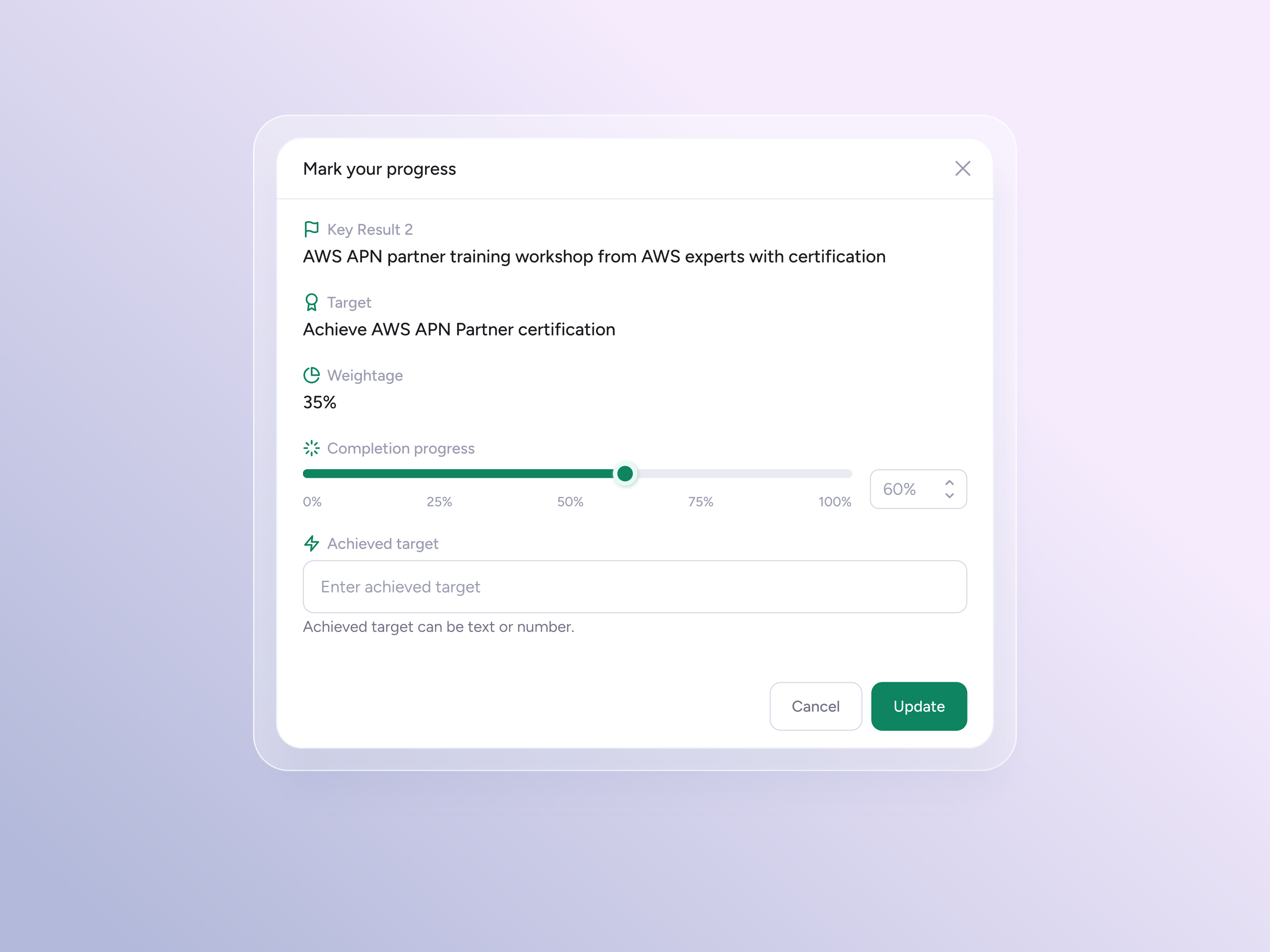 MODAL / Mark progress of the objective accessibility button clean design component mark progress minimal modal objective and key results okr popup progress saas ui ui ux update user experience user interface ux web app website