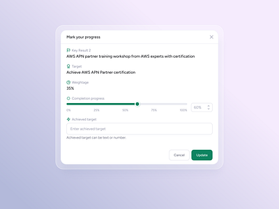 MODAL / Mark progress of the objective accessibility button clean design component mark progress minimal modal objective and key results okr popup progress saas ui ui ux update user experience user interface ux web app website