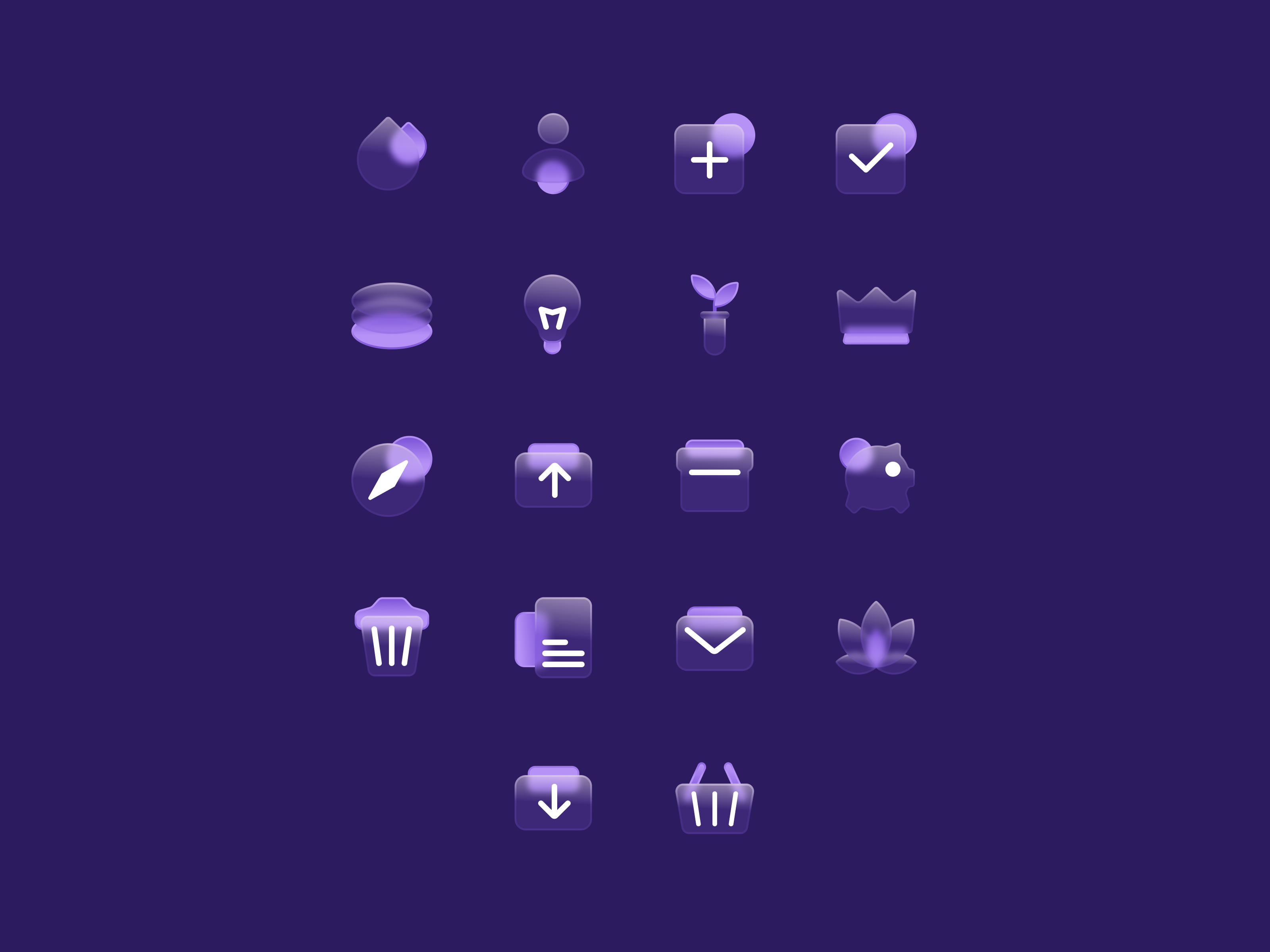 Glass icons apollo bin bulb check compass crm crown document drop flower glass glass icon glass morphism icon set layer mail morphism salesforce zen