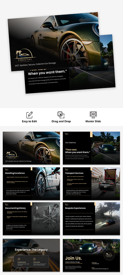 Pitch deck for Collector Car Storage & Social Club branding club company profile google slides graphic design pitch deck powerpoint presentation social