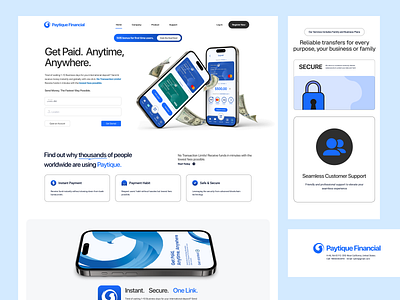 Product Webpage - Paytique app blue design figma finance landing page marketplace money payment product send transaction ui ux uxui web web design webpage website