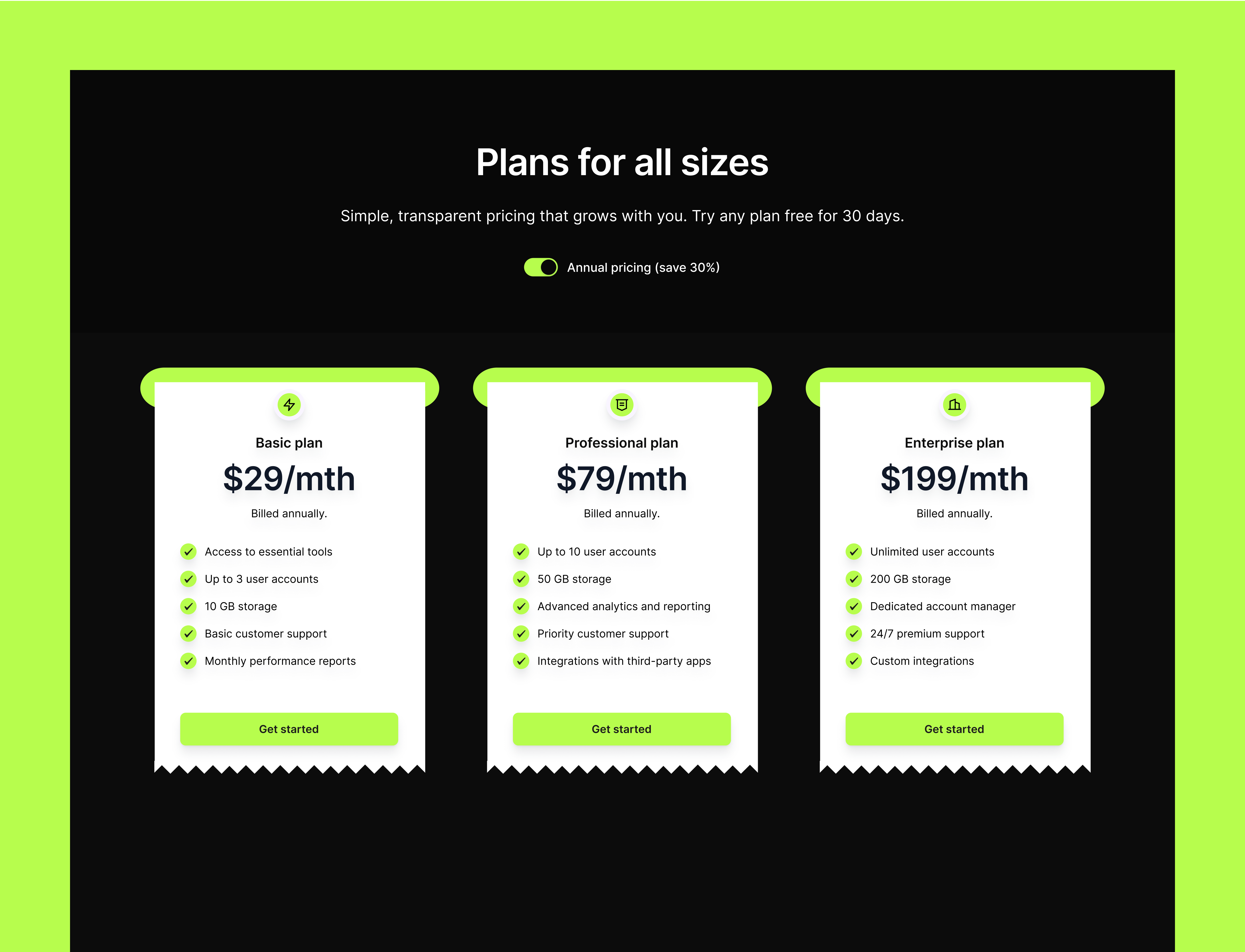 Darkmode Saas Pricing page b2b design pricing card saas ui design