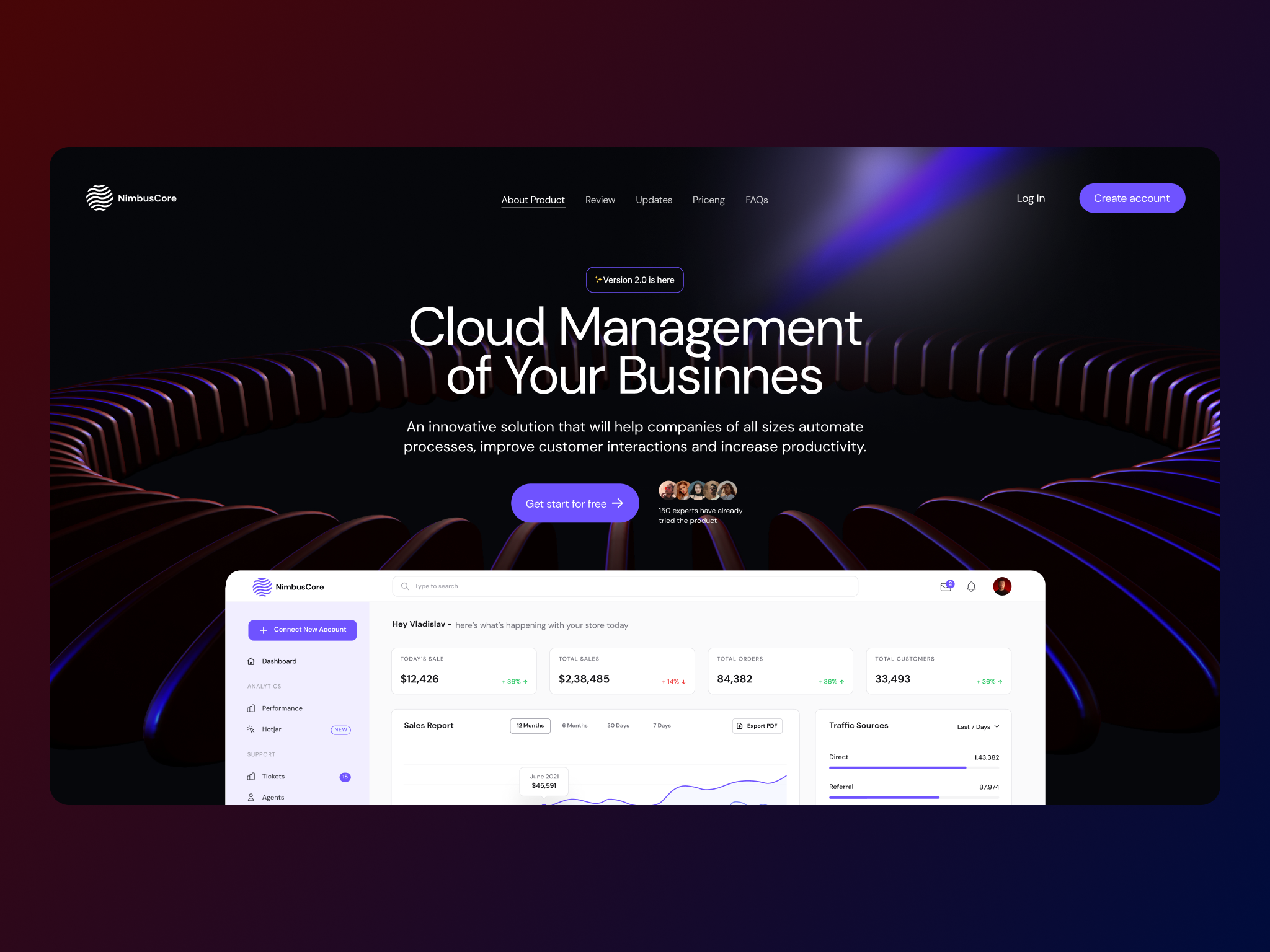 NimbusCore — Main screen animation app concept crm design interface landing page saas ui user interface uxui web web design website