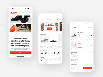 SHOUSO - Preowned Shoes App card payment cart checkout design ecommerce footwear mobile app shoe sales shoes app ui user interface ux