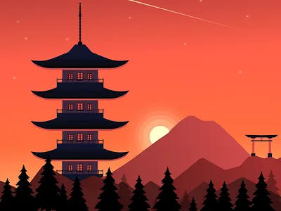 Japanese Landscape architecture design earth figma graphic design illustration japan land landscape nature red shintoism sunset surreal temple tower vector