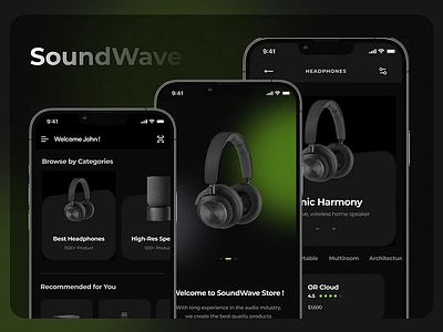 SoundWave Audio Industry E-commerce App animation app design application cart clean dark ui deck design ecommerce app flutter glassmorphism graphic design interface ios minimal online store prototype startup ui ux