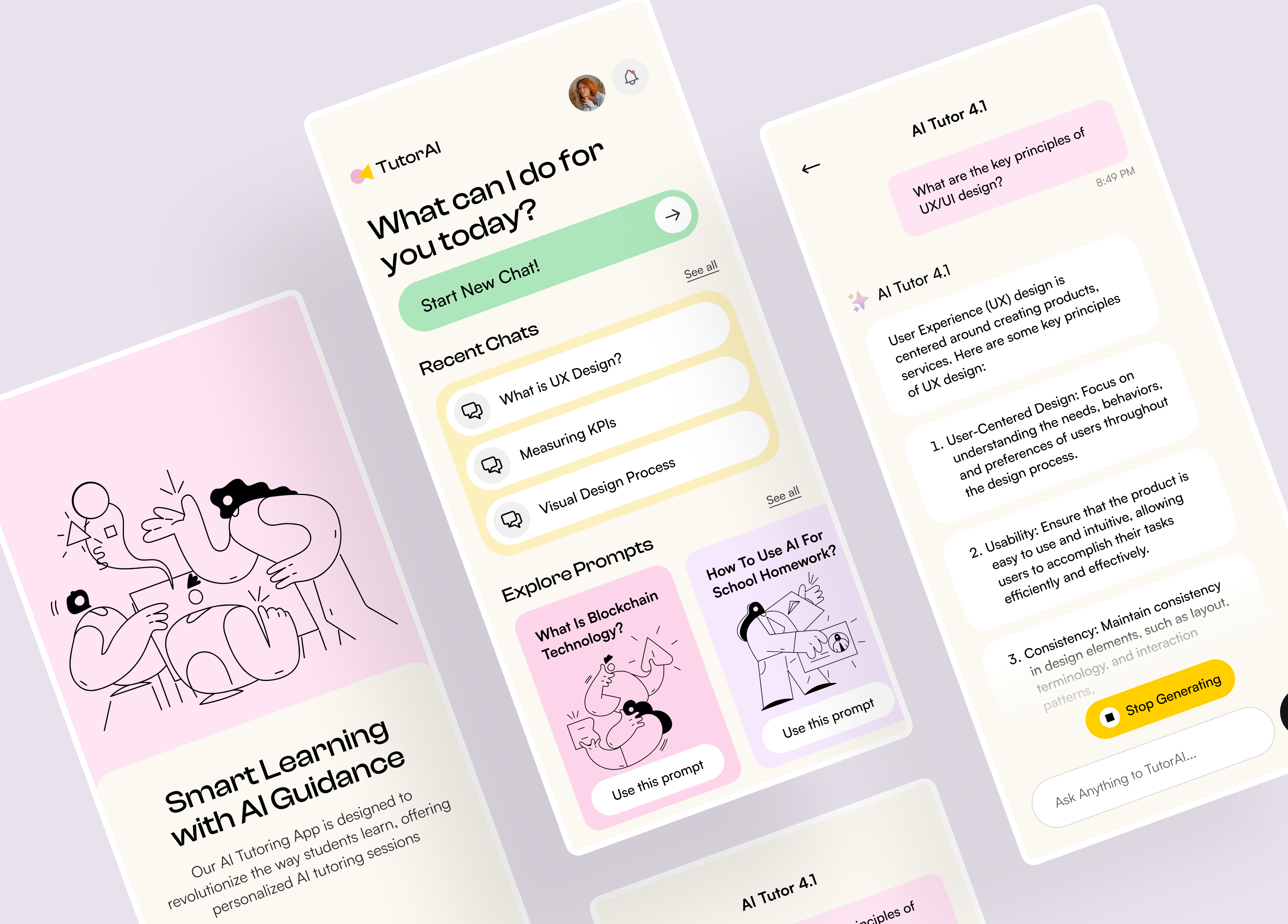 TutorAI - An AI Tutoring App Concept🌼 aesthetic ai ai app ai chat ai chat app ai tutor animation branding chatgpt design figma machine learning midjourney midjourney ai minimal modern ui ui uidesign uiux ux
