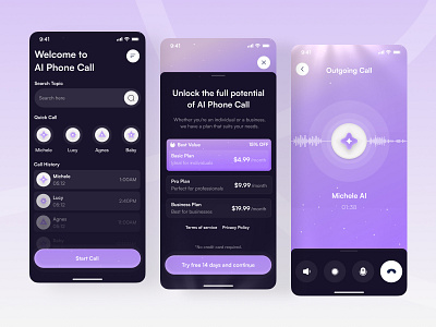 AI Phone Call - Mobile App Design ai app calling dark design gradient ios layout mobile phone call phone ui pricing pricing plan purple ux