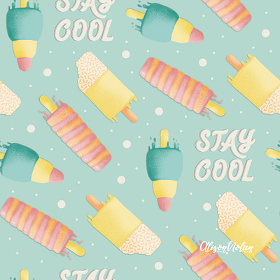 Stay Cool Ice Lollies v2 design drawing challenge female illustrator hand drawn hand lettering ice cream ice lollies illustration procreate repeat pattern summer surface design wrapping paper