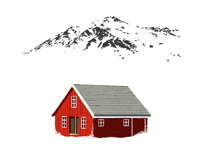 Red Norwegian Cabin art cabin illustration mountain vintage winter