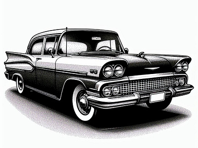 Vintage Charm: Retro Car in Pointillism antique car artistic detailing artistic techniques automotive artwork black and white art classic automobile delicate dots dotwork art fine art print hand crafted illustration minimalist illustration monochrome style nostalgic charm old school vibes pointillism design retro aesthetics time tested elegance timeless beauty vintage car art vintage vehicle