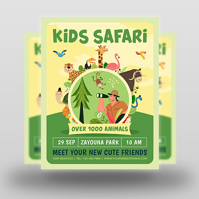 Kids Safari Flyer Template activities animals camp design flyer food forest fun illustration leaflet poster safari summer zoo