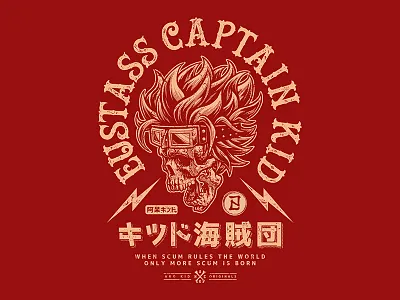 Eustass Captain Kid aho kid akhzart anime clothing brand anime streetwear apparel design eustass captain kid graphic design illustration japan graphic design japanese art jolly roger kid pirates luffy motorcycle nami one piece one piece merch one piece t shirt skull zoro