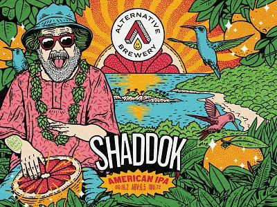 Shaddok - American IPA beer can label beer label caribbean design forest grapefruit graphic design hops hummingbird illustration ipa island logo packaging palms punk rock summer sun tropical