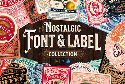Nostalgic Font and Label Collection elements hand drawn heritage label templates nostalgic ornaments packaging design textures vector label vintage font