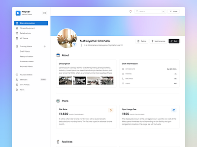 Gym detail page 🏋🏽 app application clean dashboard design fitness flat gym gym detail icons japan membership plans stats store store inforamtion ui ux