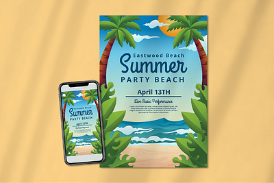 Summer Beach Party Poster Flyer Template animation branding cartoon flat illustration partry beach party beach poster summer summer beach poster summer poster