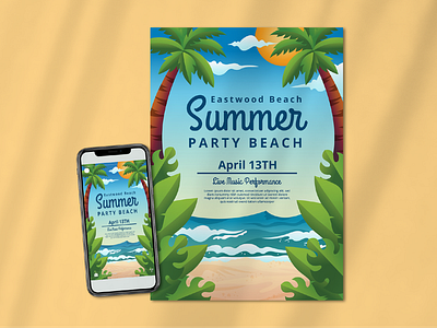 Summer Beach Party Poster Flyer Template animation branding cartoon flat illustration partry beach party beach poster summer summer beach poster summer poster