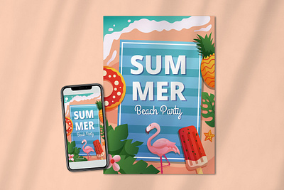 Summer Beach Party Poster animation beach beach party event branding cartoon flamingo flat illustration graphic design logo poster poster template summer beach summer beach poster tropical vector