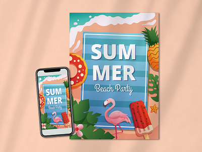 Summer Beach Party Poster animation beach beach party event branding cartoon flamingo flat illustration graphic design logo poster poster template summer beach summer beach poster tropical vector