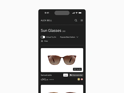 Alex Bell - Eyeglasses store ai contact lens dark mode ecommerce eyeglasses eyewear fashion lens store marketplace minimal mobile mobile app mobile design scan shop app simple sun glasses tryon ui virtual